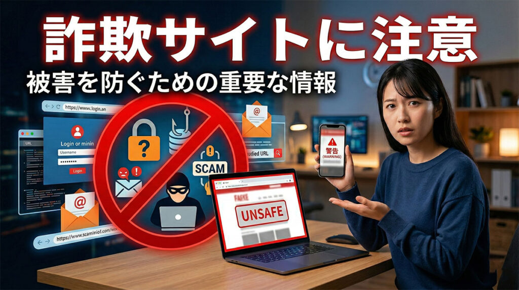 「詐欺サイトに注意。被害を防ぐための重要な情報」という見出しとともに、警告画面が表示されたスマートフォンを手に持つ女性が、ノートパソコンの「UNSAFE」という画面を示している。パソコン周辺には、ハッカー、フィッシング、偽ログイン画面、鍵アイコンといった詐欺に関連するグラフィックが浮かんでいる。