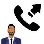 社長直通・ダイレクトコールの電話用アイコン。黒い受話器と矢印に、スーツを着た男性のフラットな人物イメージを組み合わせた、信頼感のあるデザイン。