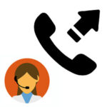 カスタマーサポート窓口の電話用アイコン。黒い受話器と発信を示す矢印に、ヘッドセットをつけた女性オペレーターのイラストを組み合わせたデザイン。