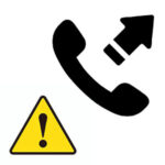 緊急連絡先・ホットライン用の電話アイコン。黒い受話器と矢印に、注意喚起を促す黄色い三角形のビックリマーク（感嘆符）を添えた、即時性を感じさせるデザイン。